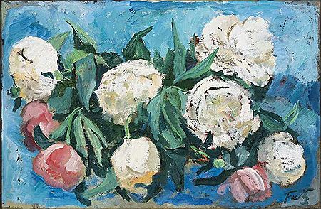 Pfingstrosen vor blauem Hintergrund by Leopold Fetz - Auction record, sale price, and art valuation. Compare with similar artists and explore comparable artworks.