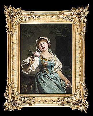 Portrait eines reizenden jungen Mädchens im Rokokostüm mit Rosenblüte. Rs. Klebezettel der Münchner Künstlergenossenschaft mit Titel "Rosenzeit"