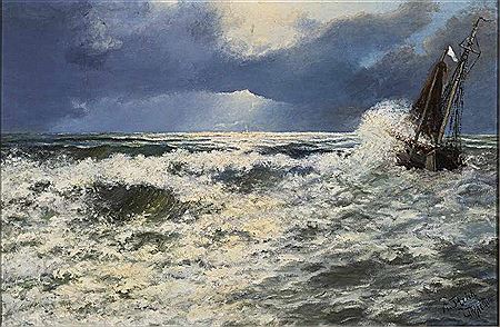 Fishing boat in a stormy sea with a magnificent incidence of light