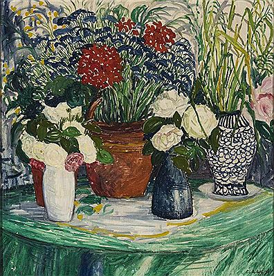 Still life with flowers in vases and potted plants