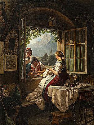 Gespräch am Fenster. Stubeninterieur mit einer nähenden Bäuerin, die sich am Fenster mit einem Bauernpaar unterhält