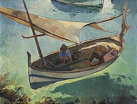 Two fishermen in a boat on the sea