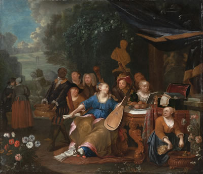 A company making music on a terrace in front of a park landscape.