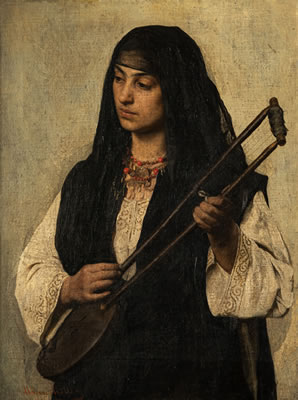 An Oriental with a stringed instrument.