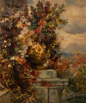 A magnificent still life of flowers with a carpet in front of a terraced park landscape. by Ernest Julius Preyer - Auction record, sale price, and art valuation. Compare with similar artists and explore comparable artworks.
