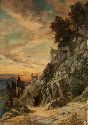 Ruins of a derelict villa at sunset.