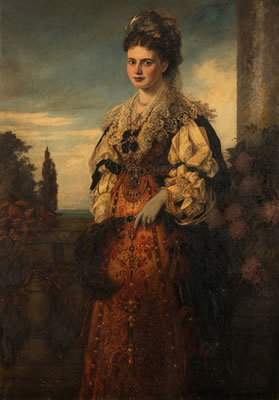 Portrait of the artist's wife Agnes in a period dress at a balustrade in front of a lake landscape.