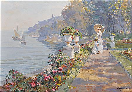 A Mother and Child on a Terrace, a Seascape with Sailing Boats in the distance