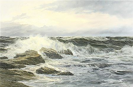 A scene of waves breaking over a rocky coastline