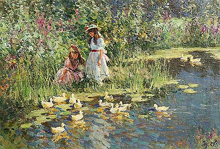 BY THE POND, FEEDING THE DUCKS