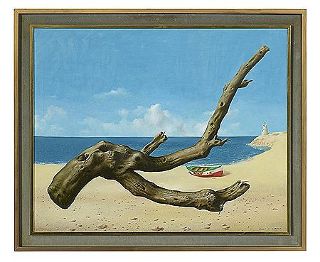 "Surrealist Coastal Landscape with Driftwood, Boat and Tower"