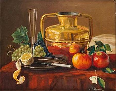 Still life with brass vase and fruits