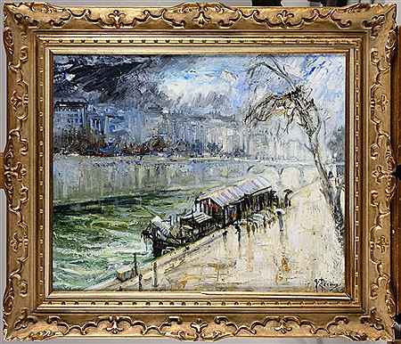 Paris, péniches à quai signé 'G Pécoud' (en bas à droite)