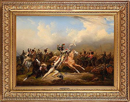 "Cavalry shock, mounted chasseurs of the guard against Russian and Cossack cuirassiers" by Hippolyte Lecomte - Auction record, sale price, and art valuation. Compare with similar artists and explore comparable artworks.