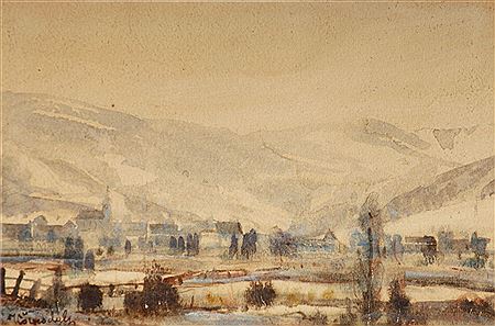 Mountain village in fog