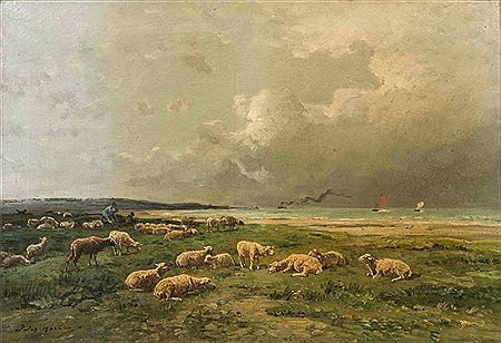Herd of sheep and its shepherd at the seaside