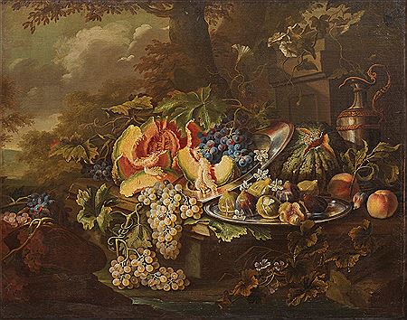 STILL LIFE WITH FRUITS AND FLOWERS IN A LANDSCAPE BACKGROUND