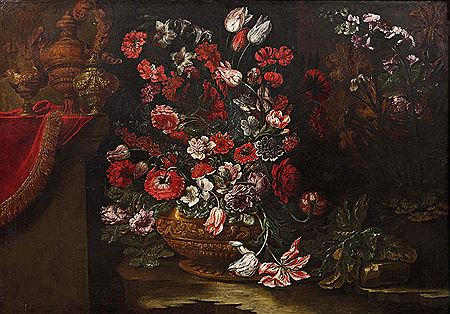 FLOWERS IN A VASE, ON A STONE; WILD PLANTS AND A CARPET ON A BACKGROUND WITH AN URN AND VASES ON A BASE