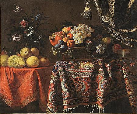 FRUIT BOWL, LEMONS AND VASE OF FLOWERS WITH CURTAINS AND ASIAN CARPET