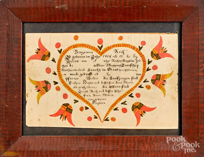 Northumberland County fraktur birth certificate for Benjamin Reik