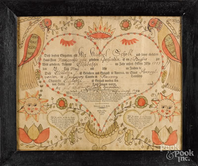 Fraktur birth certificate for Elisabetha Scholl, b. 1773 by Friederich Krebs - Auction record, sale price, and art valuation. Compare with similar artists and explore comparable artworks.