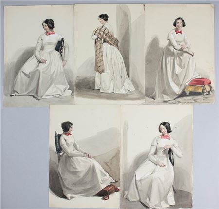 THE WHITE GOWN, A SERIES OF FIVE WATERCOLOR DRAWINGS OF A LADY