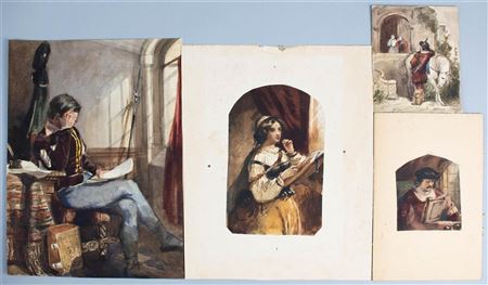 RENAISSANCE MAN CONTEMPLATING AN ARTWORK, PORTRAIT OF A RENAISSANCE LADY, RENAISSANCE HALBERDIER READING and RENAISSANCE MAN WITH HORSE AND MAIDENS (4)
