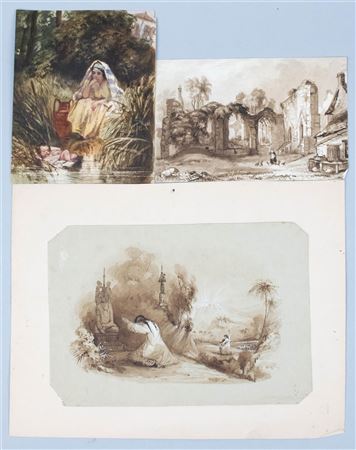 PASTORAL LANDSCAPE WITH RUINS, PILGRIM KNEELING IN PRAYER, MOSES IN BULLRUSHES (3)