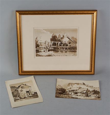 RIVER BRIDGE, along with RUINS AND LADY IN DOORWAY OF A STONE HOUSE, ca. 1834 (3)