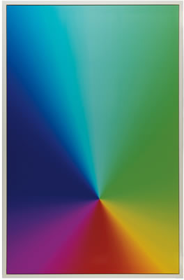 Photoshop CS: 110 by 72 inches, 300 DPI, RGB, square pixels, default gradient 'Spectrum', mousedown y=23900 x=11650, mouseup y=32650 x=11650
