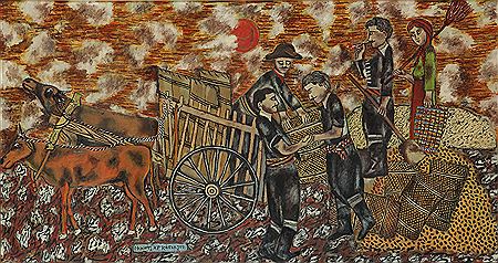 They load sacks of wheat into the cart by Michael Kashalos - Auction record, sale price, and art valuation. Compare with similar artists and explore comparable artworks.
