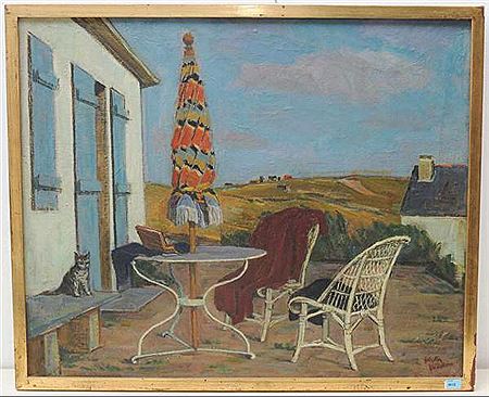 "Dialogue muet", Terrasse mit Landschaft im Hintergrund