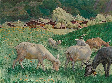 Spring landscape near Brienzwiler with grazing goats