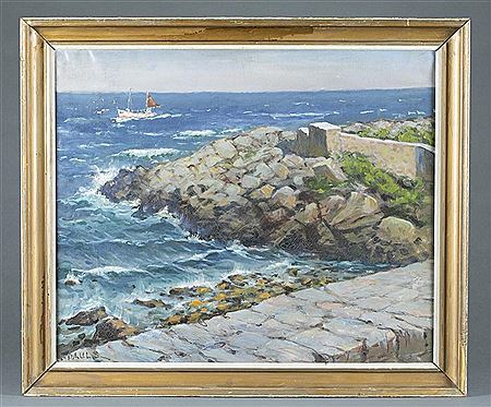 Seascape depicting a rocky coast with a boat on the horizon