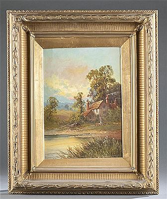 English pastoral scene of a woman feeding her chickens flanked by a cottage