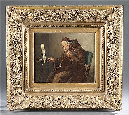 Portrait of a seated monk practicing the violin