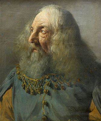 Markantes Männerporträt mit wallendem silbergrauem Haar mit dem Blick nach rechts