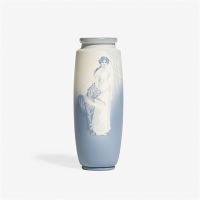 Experimental Aerial Blue vase with maiden and tiger by Sarah Alice (Sallie) Toohey - Auction record, sale price, and art valuation. Compare with similar artists and explore comparable artworks.