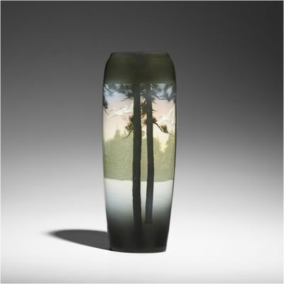 Rare banded Iris Glaze vase with white cranes flying over snowy forest