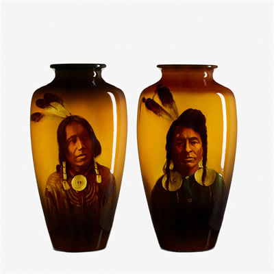 Standard Glaze Native American portrait vases, set of two by Matthew A Daly - Auction record, sale price, and art valuation. Compare with similar artists and explore comparable artworks.