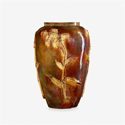Large flame-painted lamp base with modeled flora by Theophilus Anthony Brouwer Jr - Auction record, sale price, and art valuation. Compare with similar artists and explore comparable artworks.