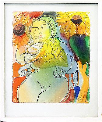 Mädchenakt mit Tauben und Sonnenblumen