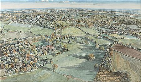 Birds’ eye view of Stocks House, Aldbury, Hertforshire, 1977; by Richard Bawden - Auction record, sale price, and art valuation. Compare with similar artists and explore comparable artworks.