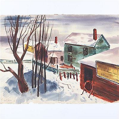 Large early rural village winter landscape scene