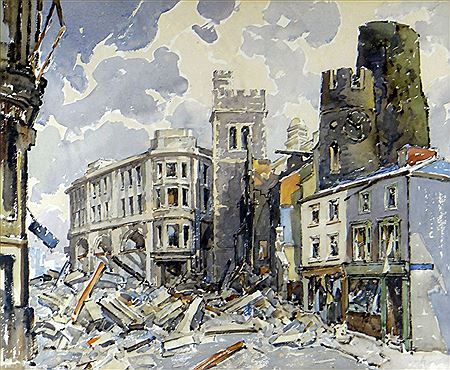 Historical 1941 Swansea blitz scene with bomb damage and debris on Wind Street looking up to High Street
