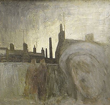 Female head and figures standing in valley street scene with rooftop and aerials