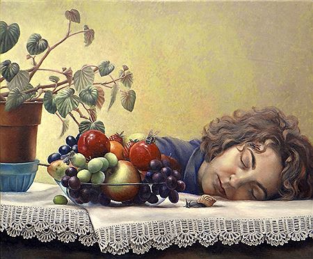 Female resting her head on table with bowl of fruit and insects by Sally Moore - Auction record, sale price, and art valuation. Compare with similar artists and explore comparable artworks.