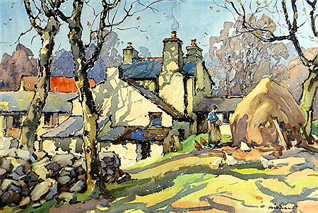 Farmstead with lady feeding poultry