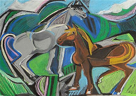 Grey and chestnut horses in a landscape