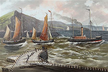 Aberystwyth harbour with shipping and figures